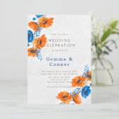 Blue und Orange Poppy Wedding Einladung (Stehend Vorderseite)