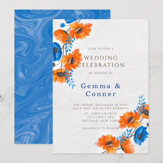 Blue und Orange Poppy Wedding Einladung (Vorne/Hinten)