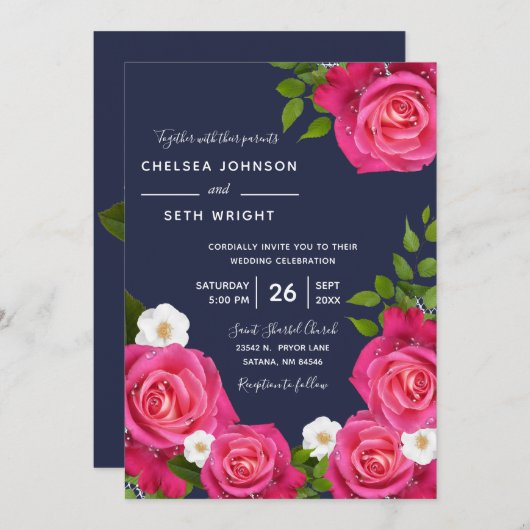 Blue und Rose Wedding Midnight Einladung (Vorne/Hinten)