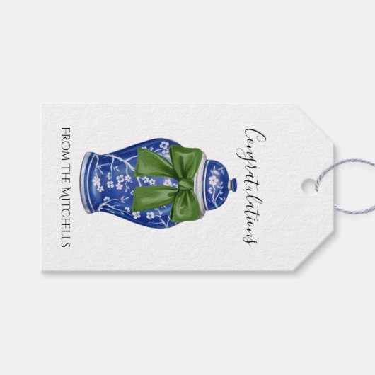 Blue und White Ginger Jar mit Green Bow Geschenkanhänger (Vorderseite (Horizontal))