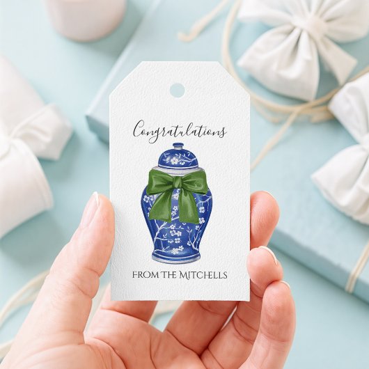 Blue und White Ginger Jar mit Green Bow Geschenkanhänger