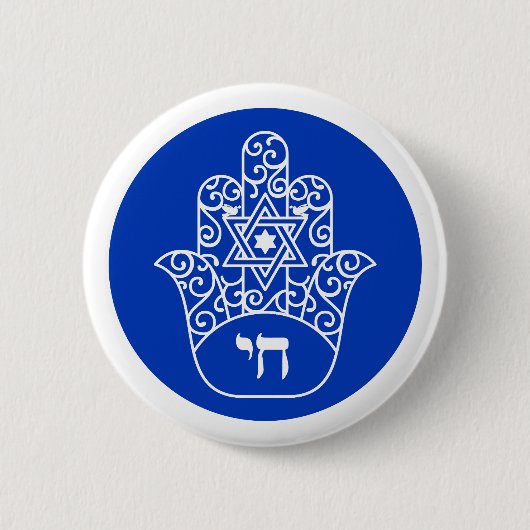 Blue und White Hebrew Chai Hamsa Button (Vorderseite)