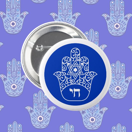 Blue und White Hebrew Chai Hamsa Button
