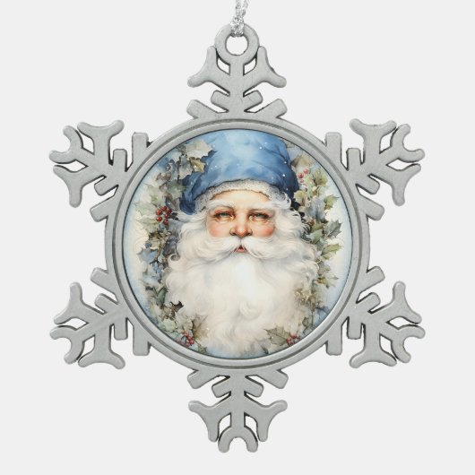 Blue und White Santa Claus Schneeflocken Zinn-Ornament (Vorderseite)