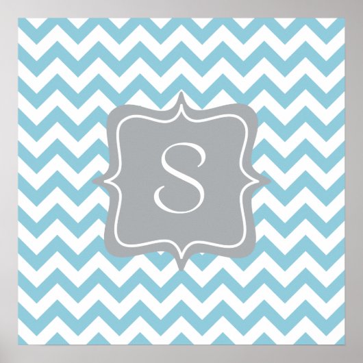 Blue und White Zigzag Monogram Poster (Vorne)