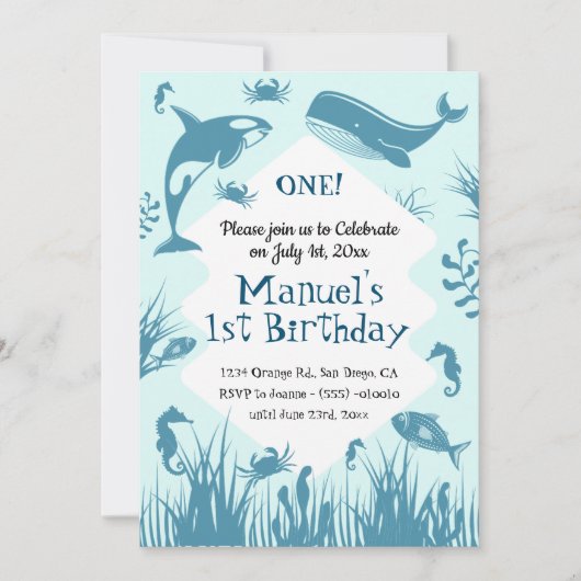 Blue Under Sea Birthday Party Einladung (Vorderseite)