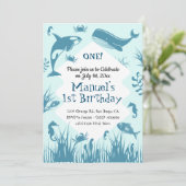 Blue Under Sea Birthday Party Einladung (Stehend Vorderseite)