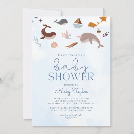Blue under Sea Boho Niedlich Whale Baby Dusche Einladung (Vorderseite)