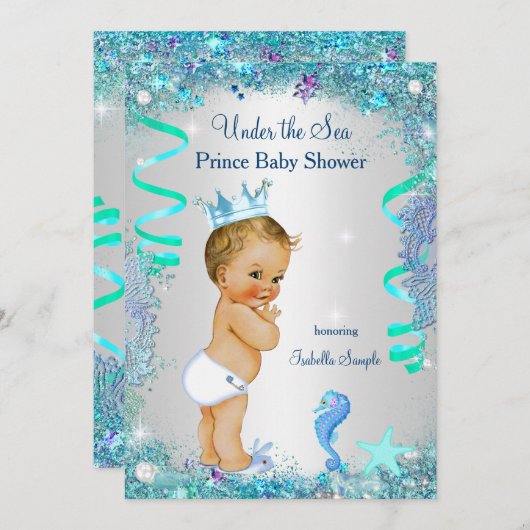 Blue under Sea Prince Baby Dusche Blonde Baby Einladung (Vorne/Hinten)