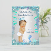 Blue under Sea Prince Baby Dusche Brünetter Junge Einladung (Stehend Vorderseite)