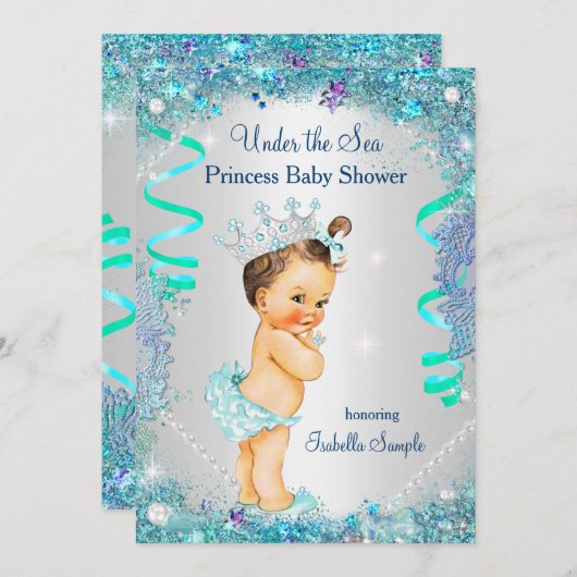 Blue Under Sea Princess Baby Shower Brünett Einladung