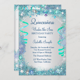Blue Under the Sea Quinceanera 15. Geburtstagspart Einladung