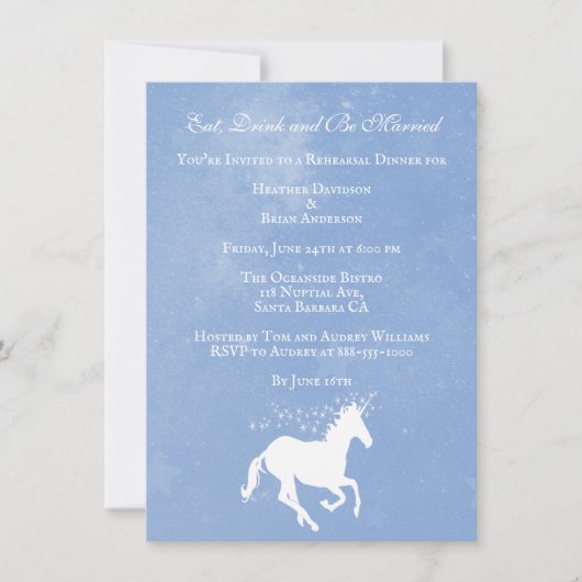 Blue Unicorn Hochzeitsessen Probe Einladung (Vorderseite)