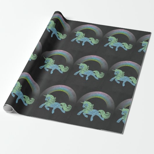 Blue Unicorn mit Rainbow Chalkboard schwarz Geschenkpapier (Ungerollt)