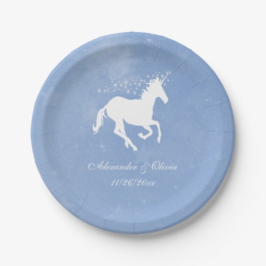 Blue Unicorn Wedding Paper Plate Pappteller (Vorderseite)