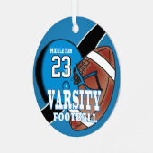 Blue Varsity Football Ornament Aus Metall (Vorderseite links)