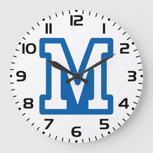 Blue Varsity Letter M Monogram Große Wanduhr (Vorderseite)