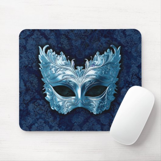Blue Venetian Mask on Blue Damask Background Mousepad (Mit Mouse)