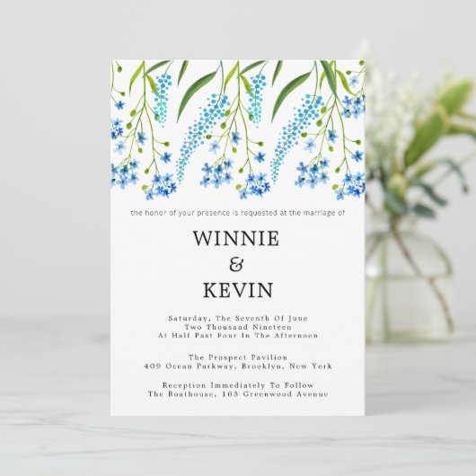 Blue vergiss-me-nots Hochzeit Einladung (Stehend Vorderseite)