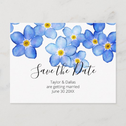 Blue Vergiss mir Noten Save the Date Postkarte (Vorderseite)