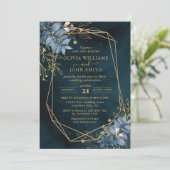 Blue Verlass Floral Gold Elegant - F003 Einladung (Stehend Vorderseite)