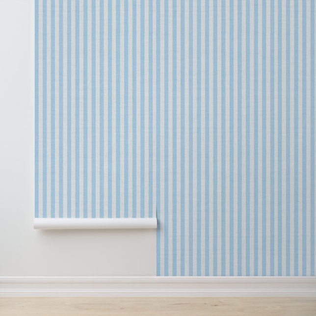 Blue Vertical Stripes Linen Look Coastal Tapete (Anwendung)