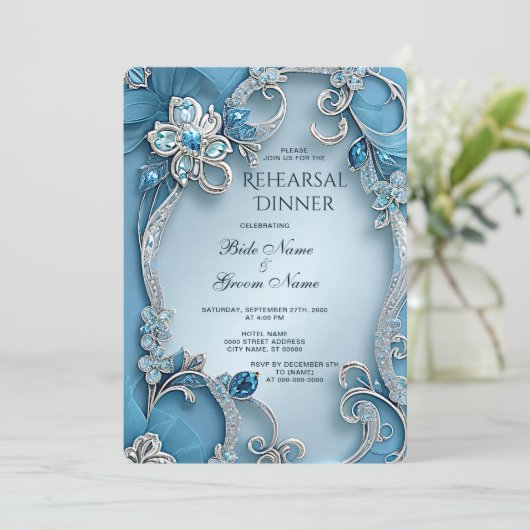 Blue Verziert Floral Probe Abendessen Einladung (Stehend Vorderseite)