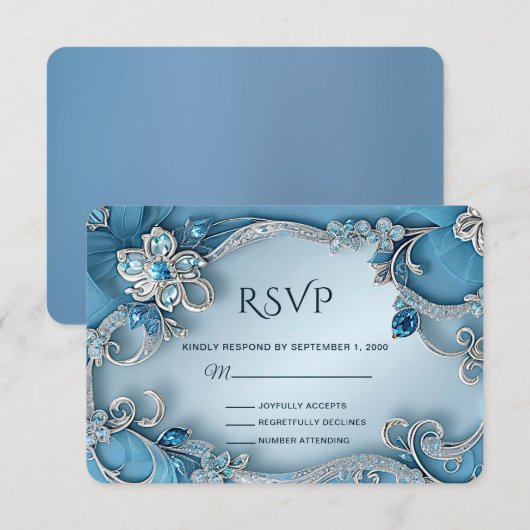 Blue Verziert Floral RSVP Card Karte (Vorne/Hinten)