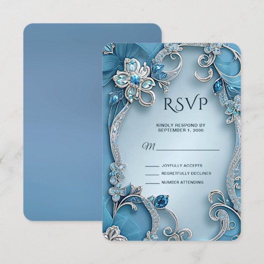 Blue Verziert Floral RSVP Card Karte (Vorne/Hinten)