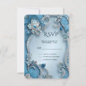 Blue Verziert Floral RSVP Card Karte (Vorderseite)