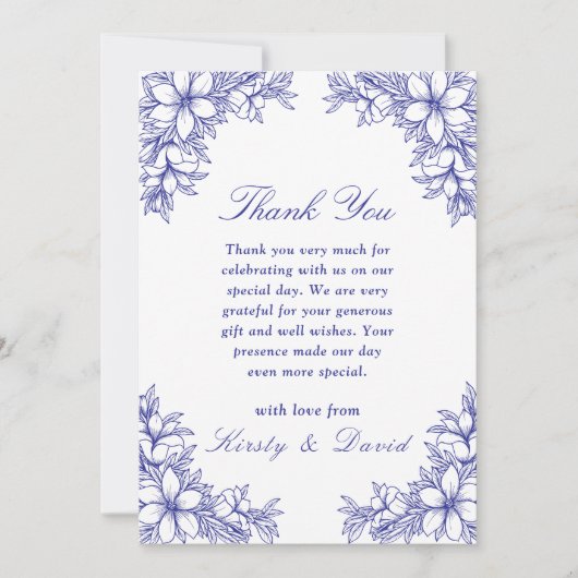 Blue Verziert Floral Wedding Dankeskarte (Vorderseite)