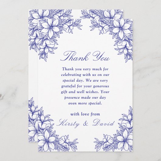 Blue Verziert Floral Wedding Dankeskarte (Vorne/Hinten)