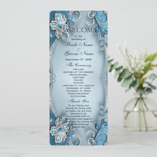 Blue Verziert Floral Wedding Program Programm (Stehend Vorderseite)
