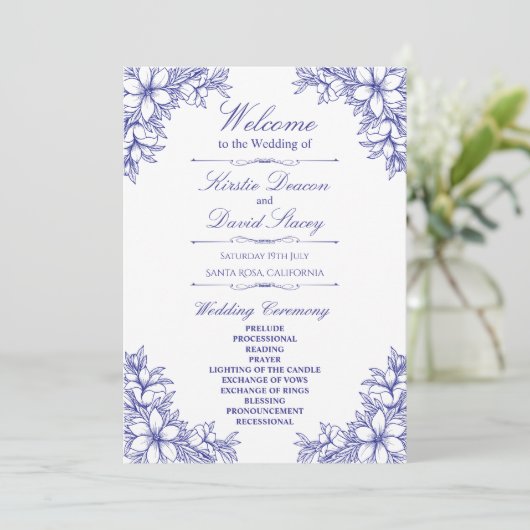 Blue Verziert Floral Wedding Programm (Stehend Vorderseite)