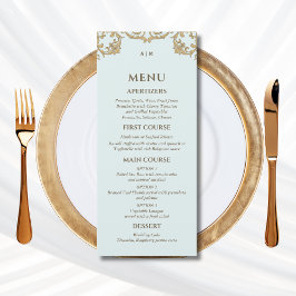 Blue Verziert Monogram Baroque Wedding Menu Menükarte