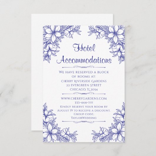 Blue Verziert Wedding Hotel Unterkunft Begleitkarte (Vorne/Hinten)