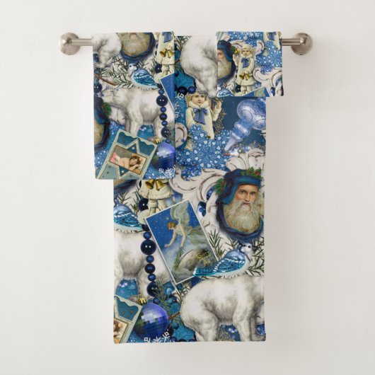 Blue Viktorianisch Christmas Collage Badhandtuch Set (Insitu)