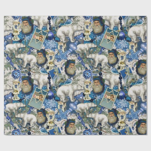 Blue Viktorianisch Christmas Collage Geschenkpapier (Flach)