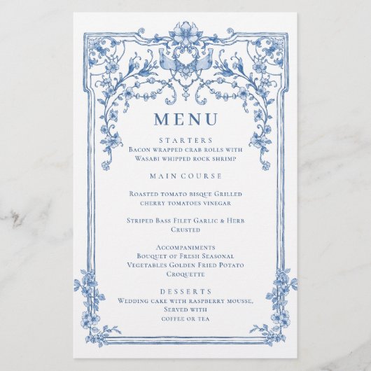 Blue Viktorianisch Verziert Grace Dinner Menu (Vorderseite)