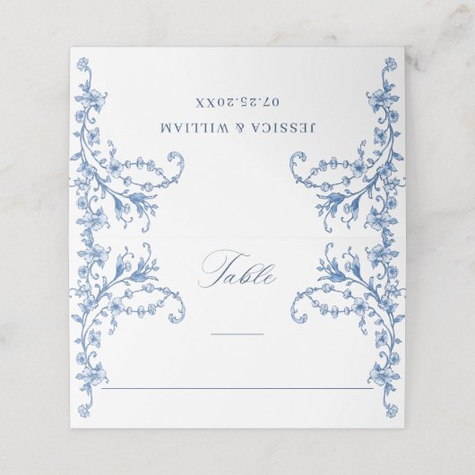 Blue Viktorianisch Verziert Grace Floral Wedding Platzkarte (Außenseite Aufgefaltet)