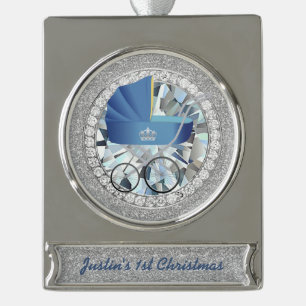Blue Vintag Baby Carriage Jewel Imitate Glitzer Banner-Ornament Silber