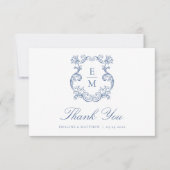 Blue Vintag Baroque Monogram Wappen Wedding Dankeskarte (Vorderseite)