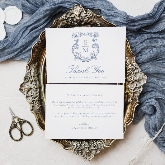 Blue Vintag Baroque Monogram Wappen Wedding Dankeskarte