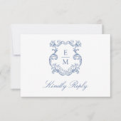 Blue Vintag Baroque Monogram Wappen Wedding RSVP Karte (Vorderseite)