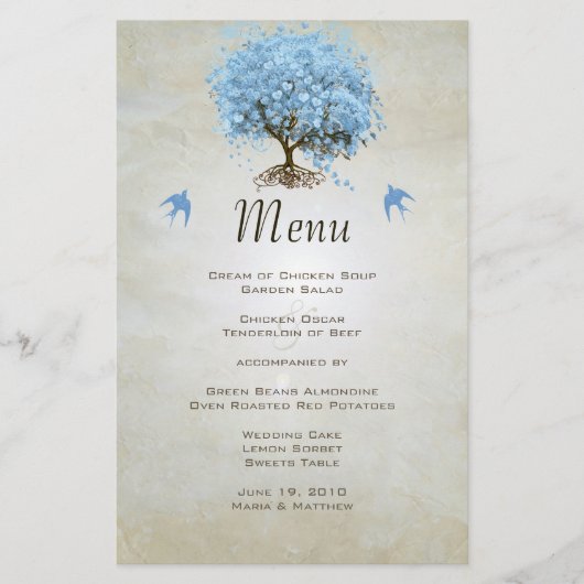 Blue Vintag Bird Heart Leaf Tree Wedding Menu (Vorderseite)