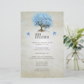 Blue Vintag Bird Heart Leaf Tree Wedding Menu (Stehend Vorderseite)