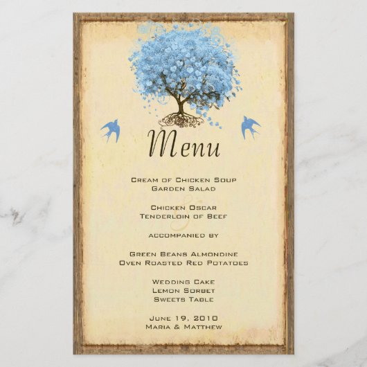 Blue Vintag Bird Heart Leaf Tree Wedding Menu (Vorderseite)