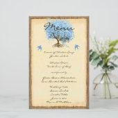 Blue Vintag Bird Heart Leaf Tree Wedding Menu (Stehend Vorderseite)