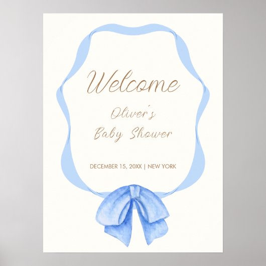 Blue Vintag Bow Ribbon Boy Baby Dusche Willkommen Poster (Vorne)