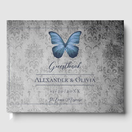Blue Vintag Butterfly Damask Hochzeit Gästebuch (Vorderseite)